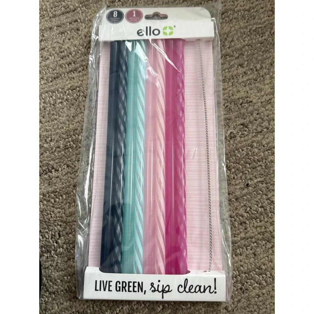 Ello Reusable Straws Set‎ 8 Pack with Cleaning Brush Live Green Sip Clean